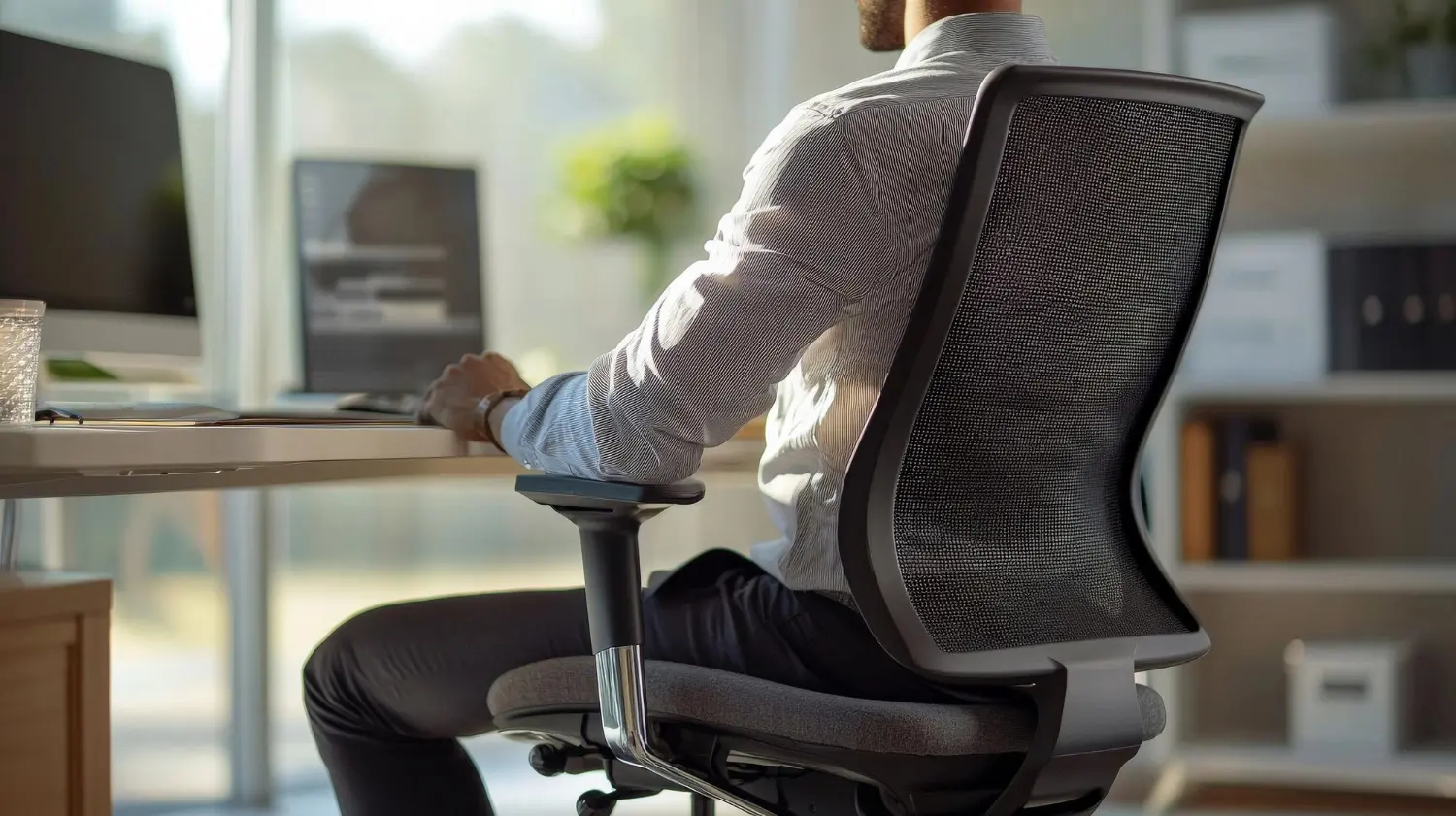 Imagem de um profissional trabalhando sentado em sua cadeira de escritório ergonômica.