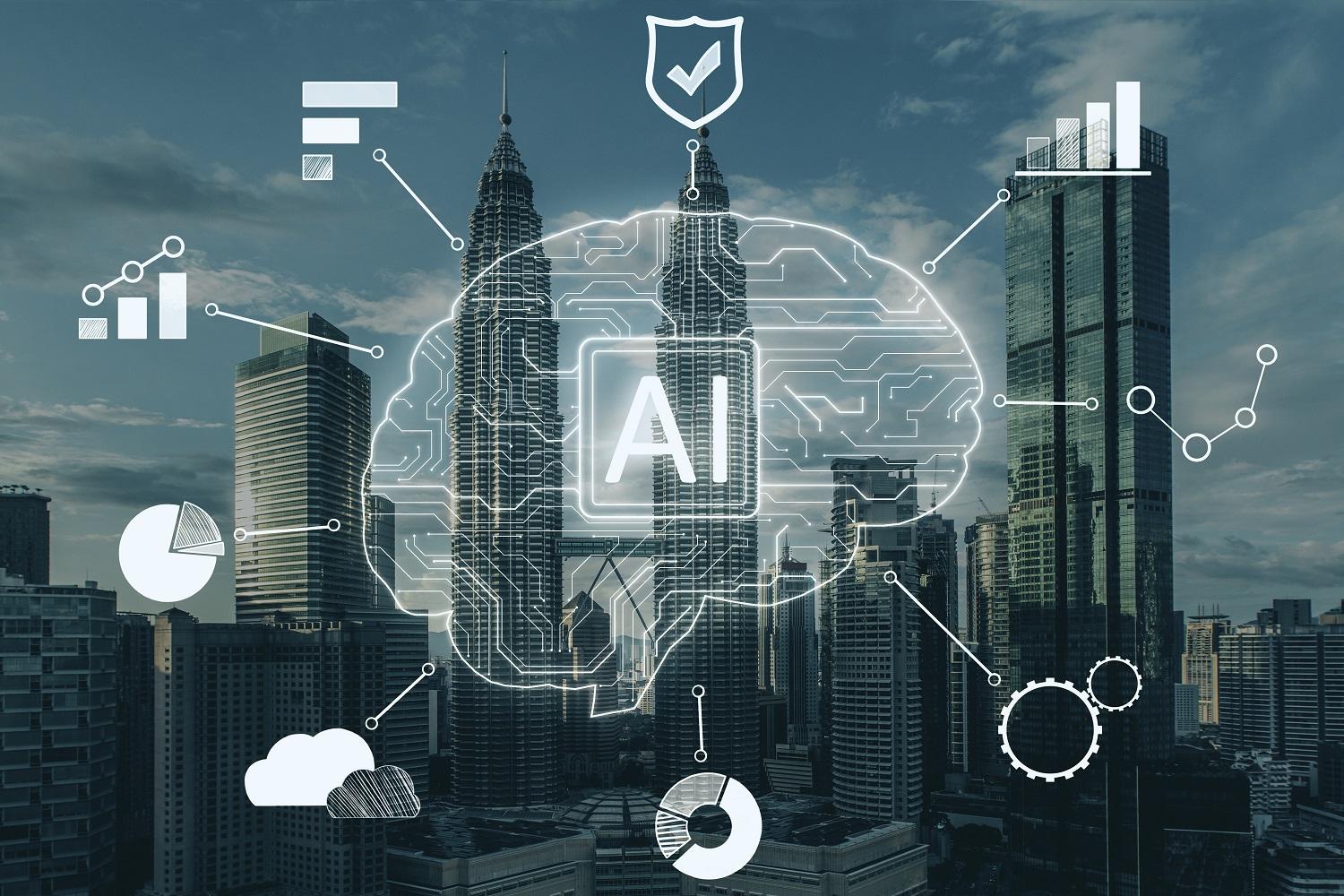 Imagem de cérebro digital com sigla de inteligência artificial no centro e, no fundo, a imagem de uma cidade.