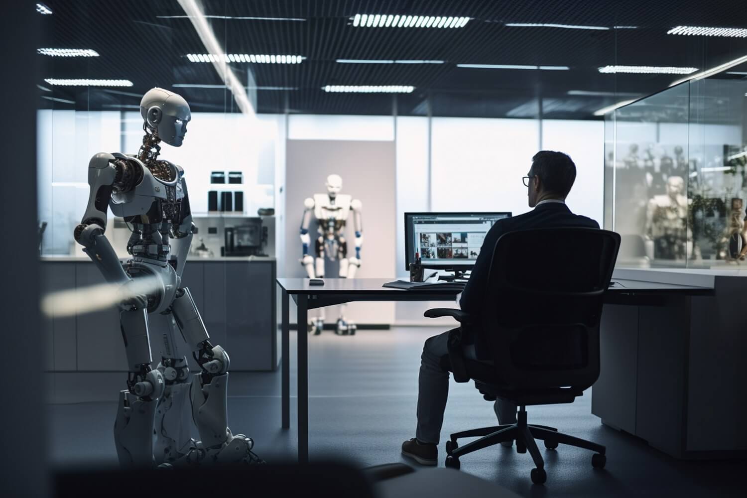 Humano sentado visualizando dois robôs que vão substituí-lo após o surgimento da tecnologia baseada no ChatGPT.
