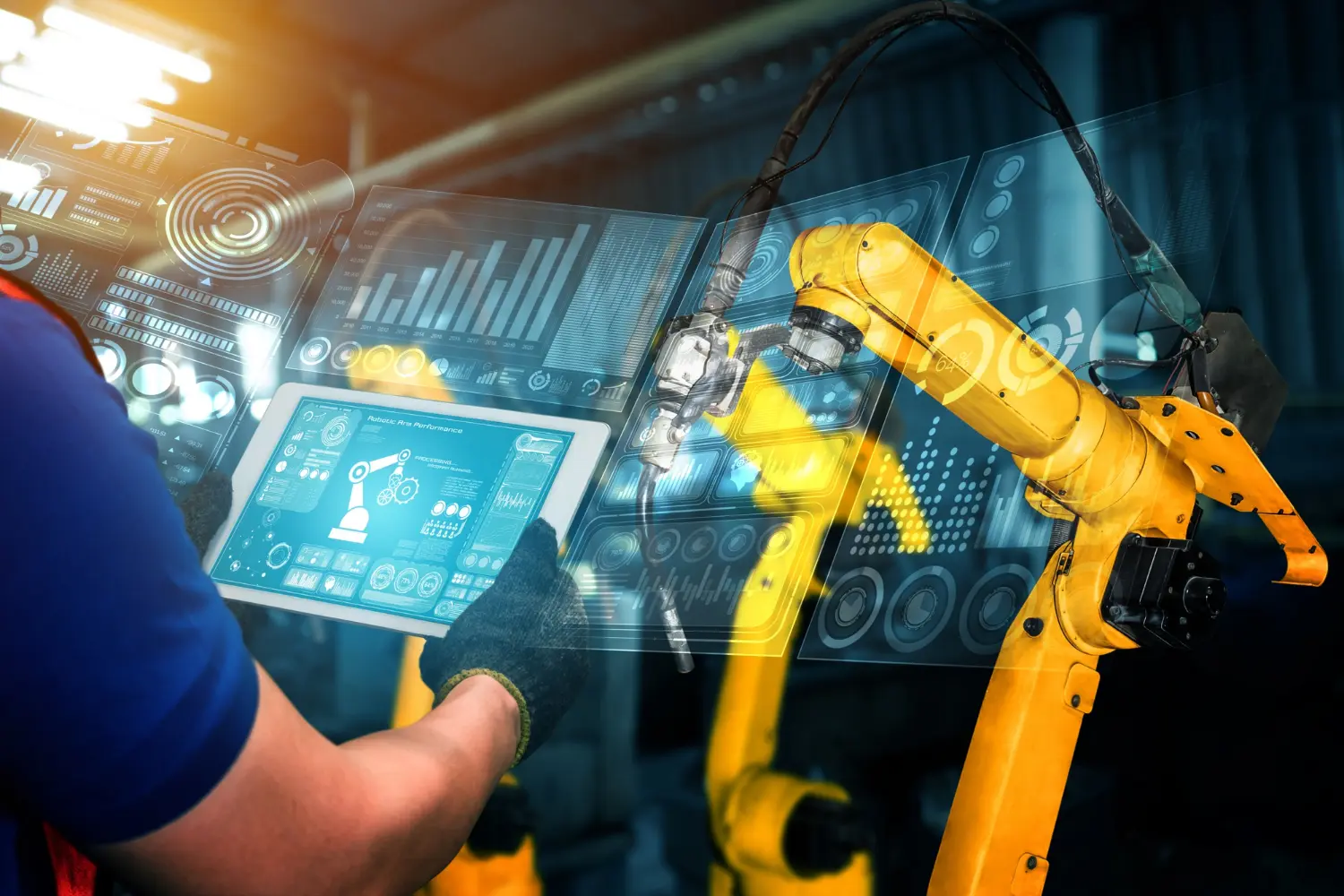 Operador controlando braços robóticos inteligentes, simbolizando a importância do encoder na automação industrial.