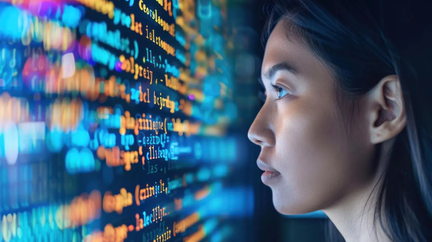 Imagem de uma mulher olhando para uma tela com códigos, simbolizando o uso de Large Language Model Optimization.